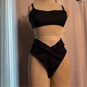Aerie Black Bikini Set | Bralette Top + High Cut Cheeky Bottom | Sz L  Stretchy
